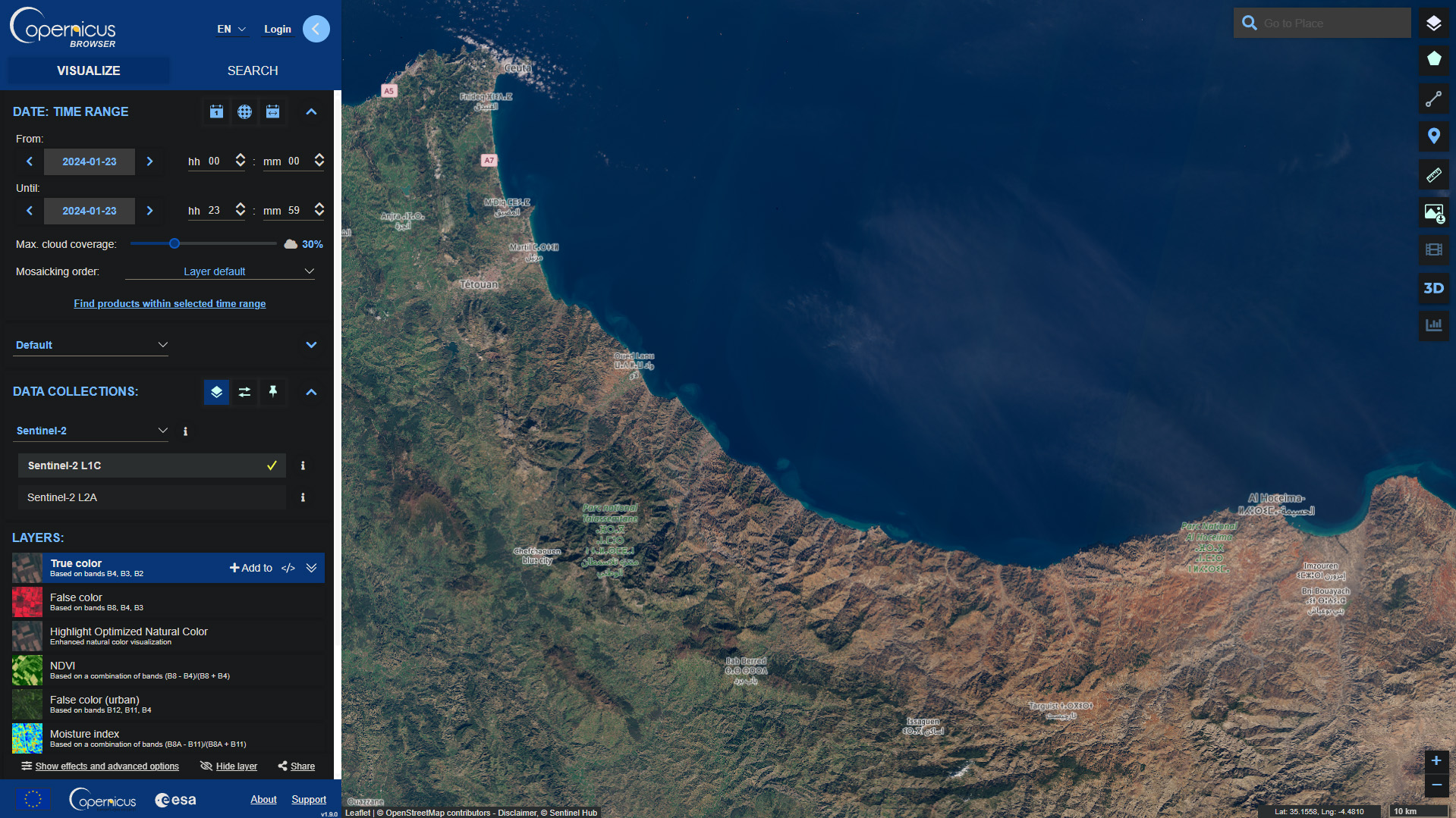 A screenshot of the Copernicus Browser displaying Sentinel-2 imagery A screenshot of the Copernicus Browser displaying Sentinel-2 imagery