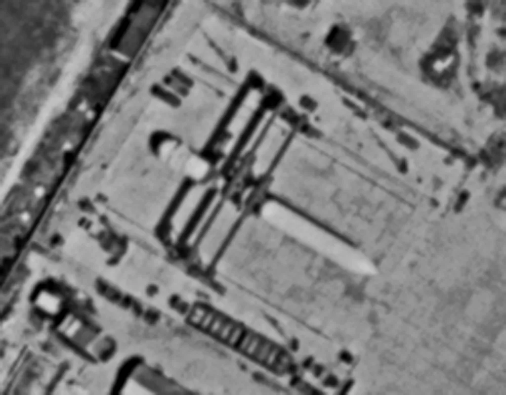Tanks speculated to be part of the Soviet Energia rocket program at Ramenskoye airfield taken by a KH-9 HEXAGON spy satellite on July 14, 1982