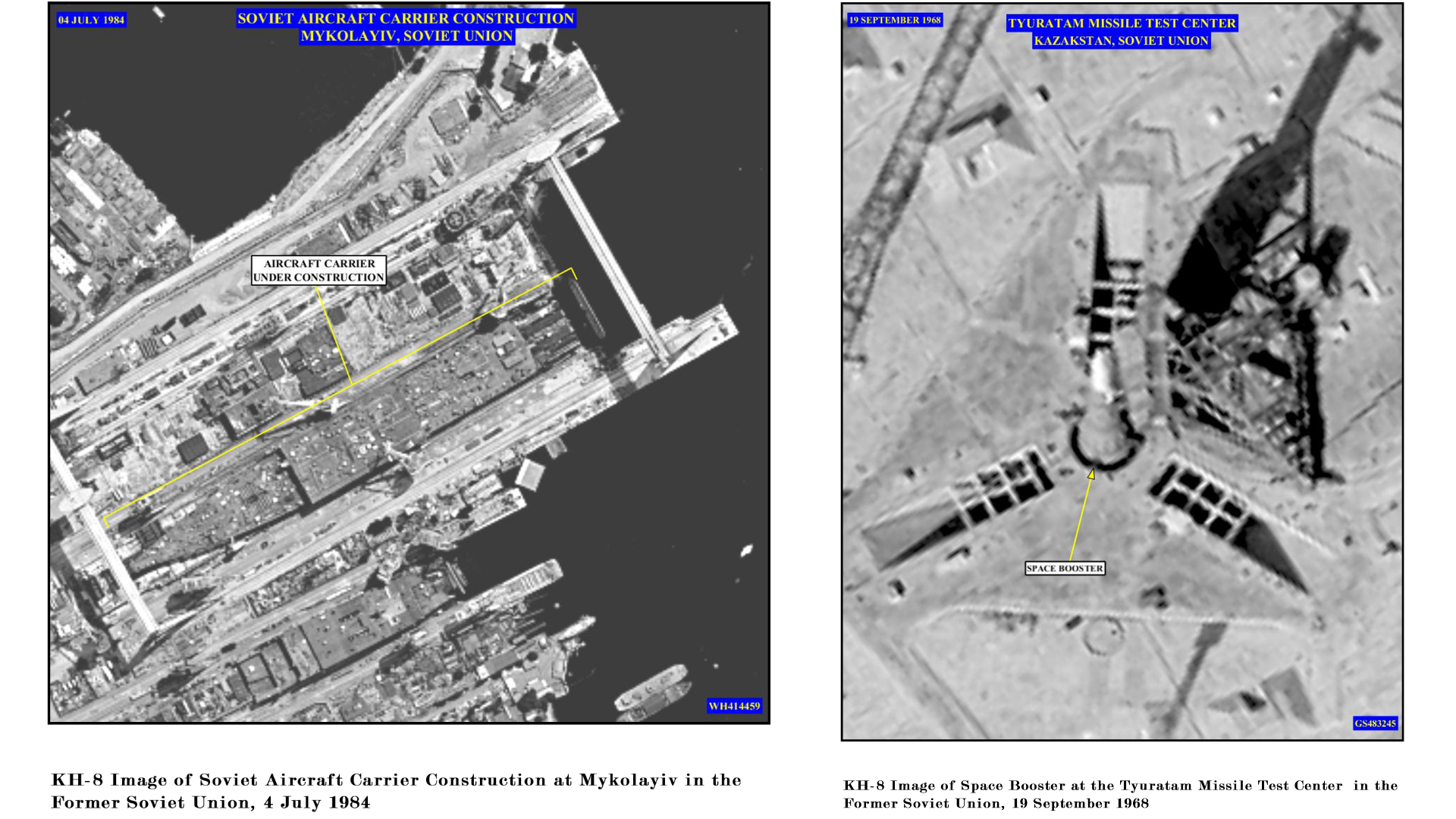 Two KH-8 GAMBIT-3 satellite images released by the NRO. Left: An aircraft carrier under construction at Mykolaiv shipyard. Right: An N1 rocket on the launch pad at Baikonur Cosmodrome. Source: NRO. Two KH-8 GAMBIT-3 satellite images released by the NRO. Left: An aircraft carrier under construction at Mykolaiv shipyard. Right: An N1 rocket on the launch pad at Baikonur Cosmodrome.