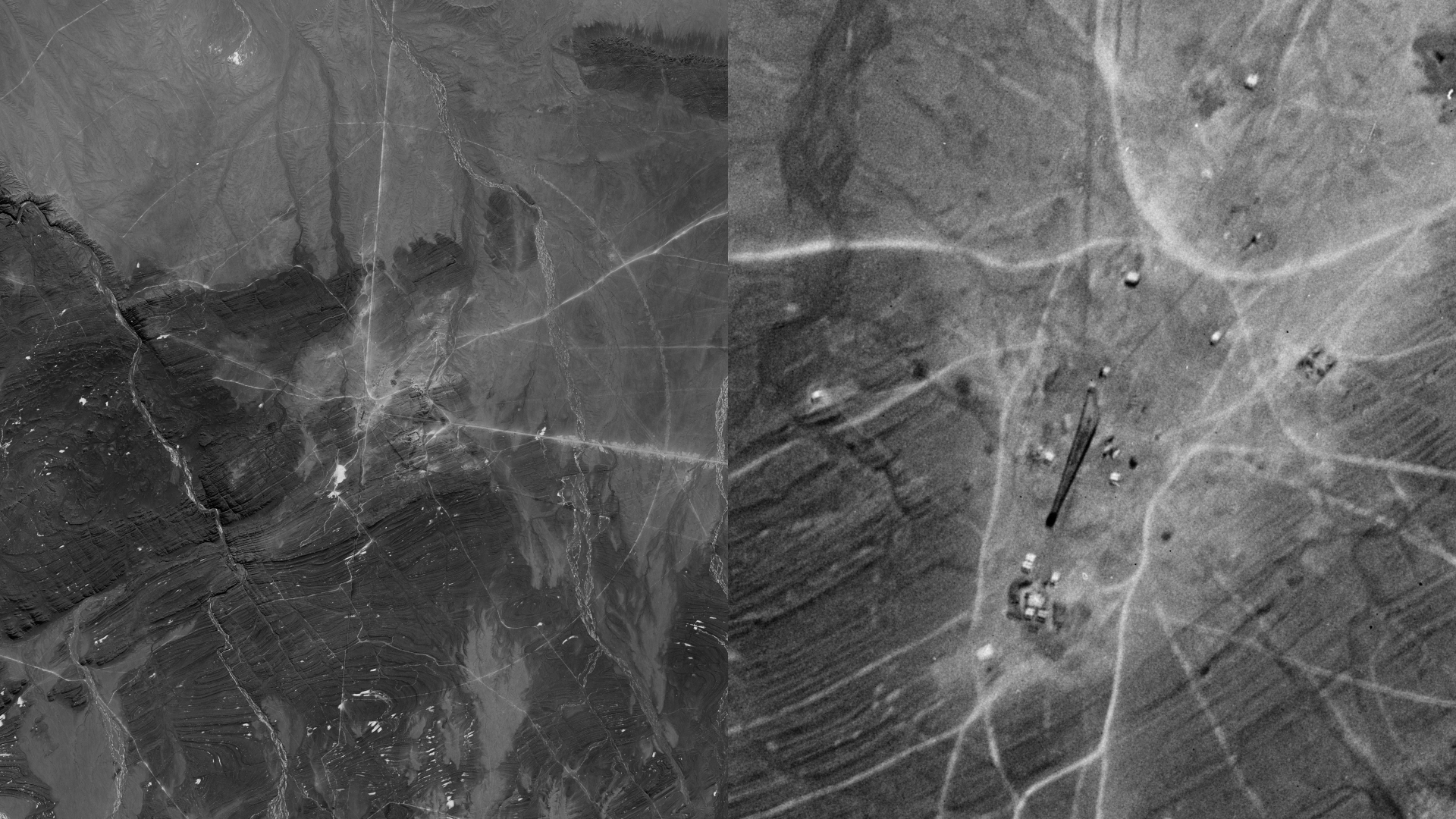 A KH-7 GAMBIT satellite image of Lop Nur nuclear test base, China, September 25, 1964. Left: A wide view of the test site. Right: A close view of the test site with the tower visible. (Images rotated to match satellite perspective)