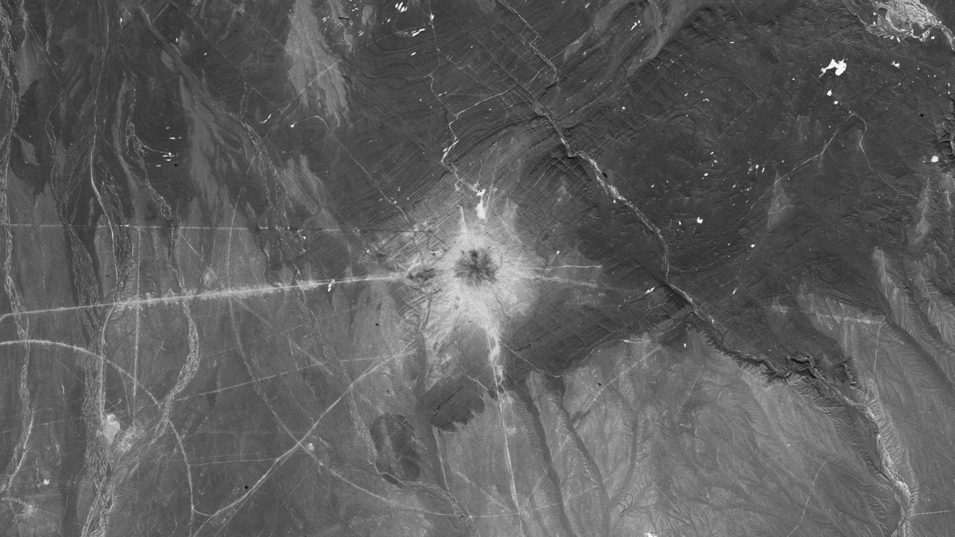 A KH-4A CORONA satellite image of Lop Nur nuclear test base, China, October 20, 1964. (Oriented north-up)