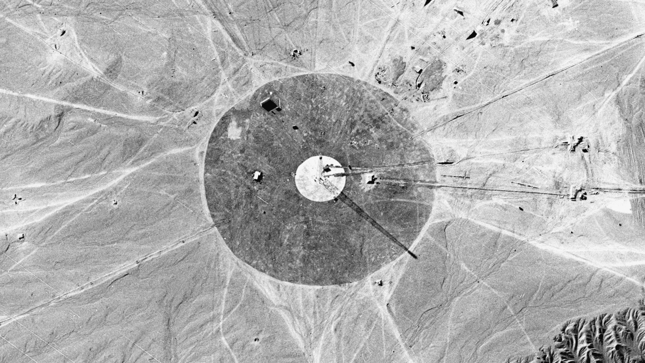 A KH-7 GAMBIT satellite image of Lop Nur nuclear test base, China, December 28, 1966. (Image rotated to match satellite perspective)
