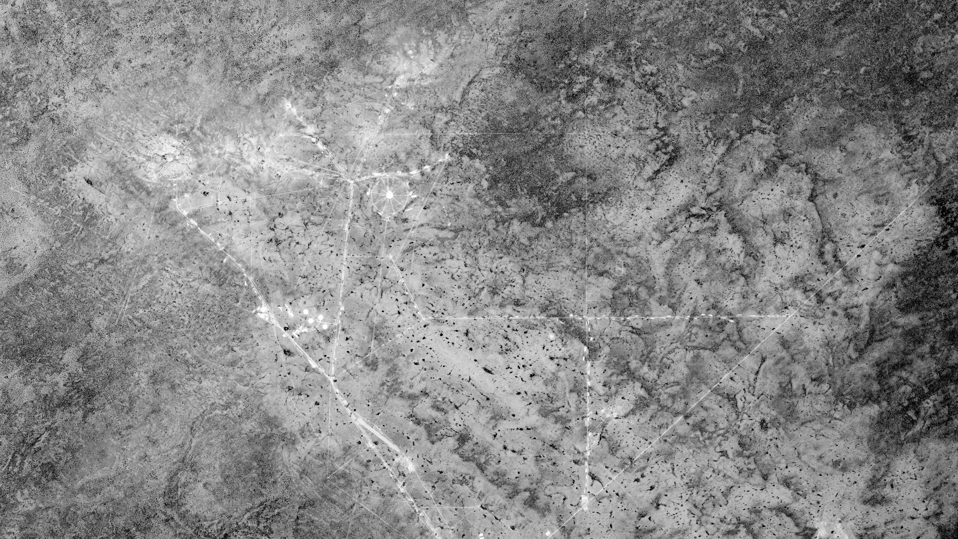 A KH-4A CORONA satellite image of Maralinga, South Australia, October 10, 1965. (Oriented north-up)