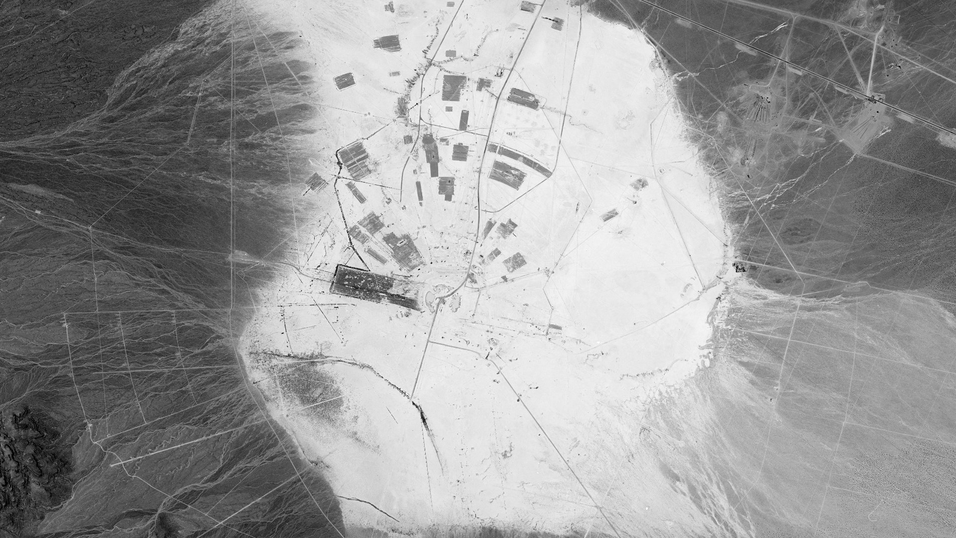 A KH-7 GAMBIT satellite image of Frenchman Flats, Nevada Test Site, USA, May 15, 1966. (Image rotated to match satellite perspective)