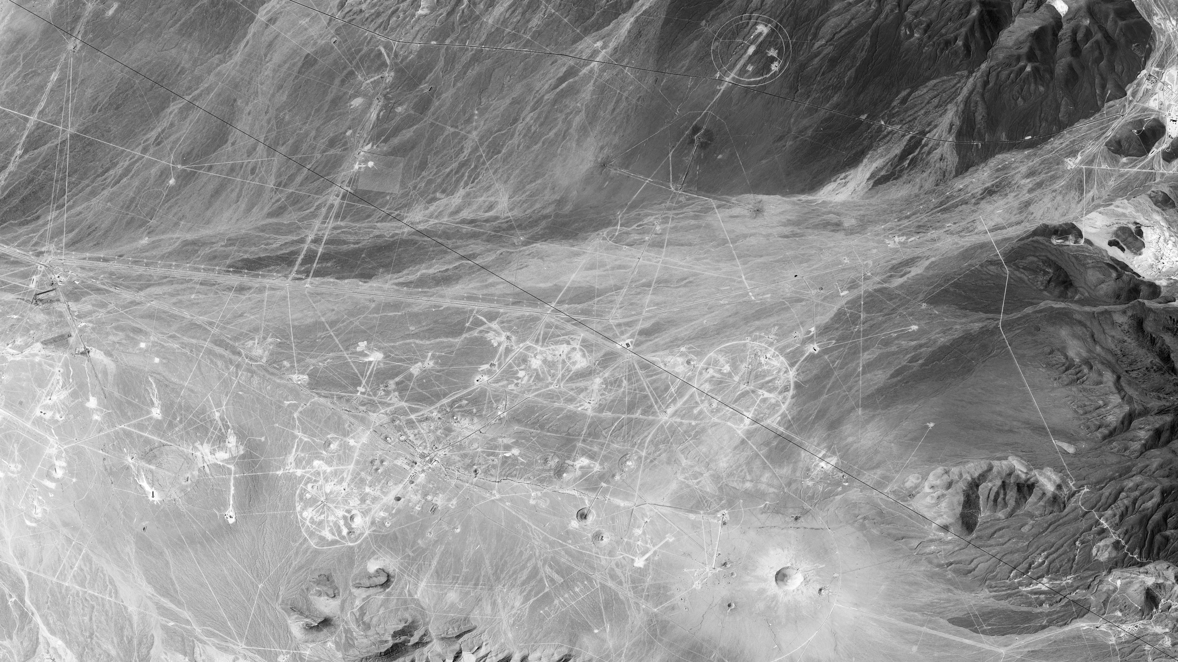 A KH-7 GAMBIT satellite image of Yucca Flats, Nevada Test Site, USA, October 1, 1965. (Image rotated to match satellite perspective)