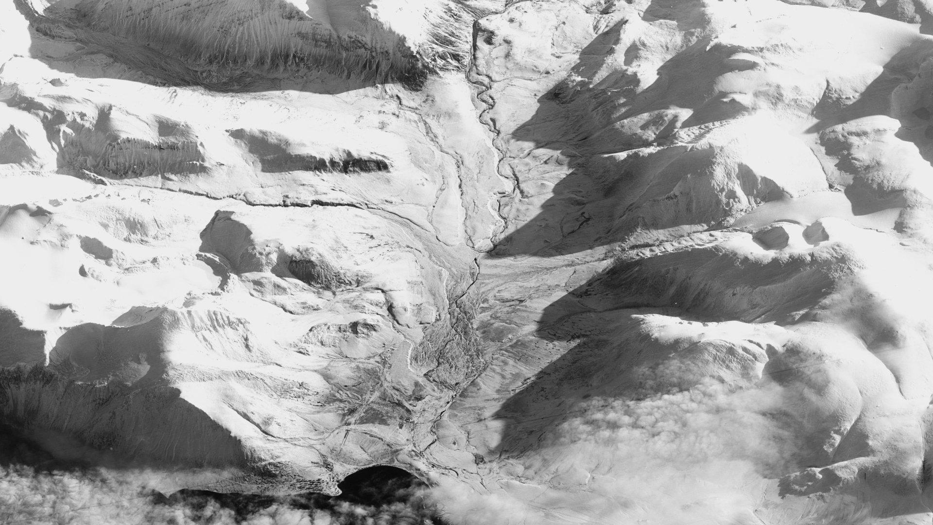 A KH-7 GAMBIT satellite image of Matochkin Shar, Novaya Zemlya, Russia, October 4, 1965. (Image rotated to match satellite perspective)