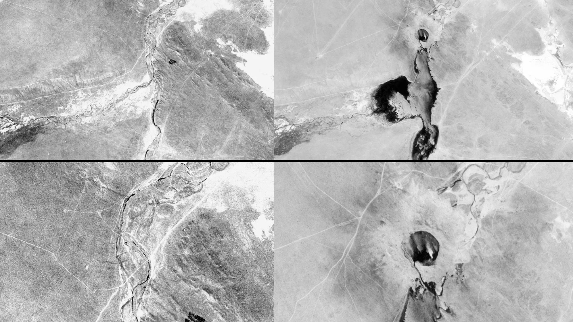 A comparison image of Chagan Lake at Semipalatinsk Test Site in Kazakhstan before and after a nuclear explosion taken by CORONA spy satellites on September 15, 1964 and June 28, 1968.
