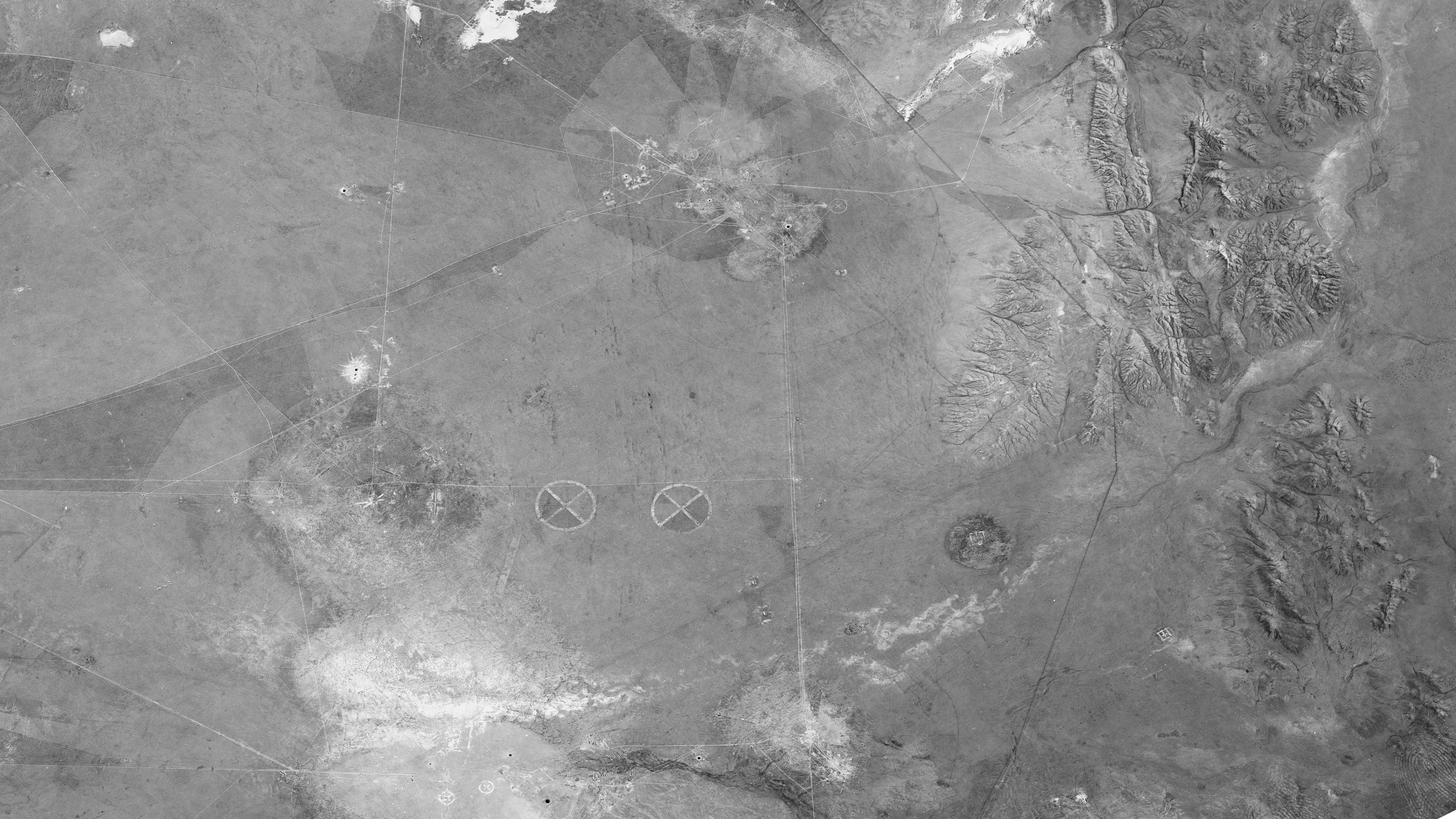 A KH-7 GAMBIT satellite image of Semipalatinsk Test Site, Kazakhstan, May 30, 1965. (Image rotated to match satellite perspective)