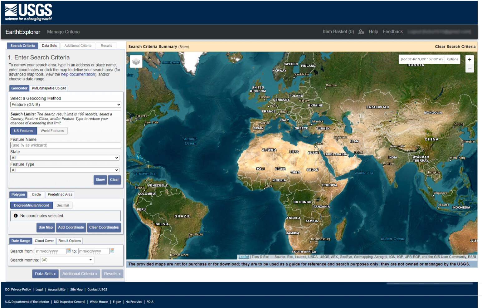 A screenshot of the USGS EarthExplorer user interface.