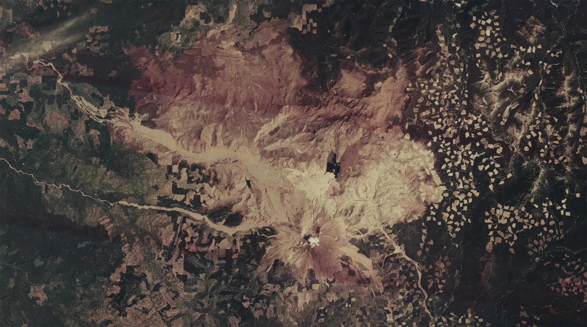 The aftermath of the Mount St. Helens volcanic eruption captured by a KH-9 HEXAGON spy satellite on June 30, 1980.